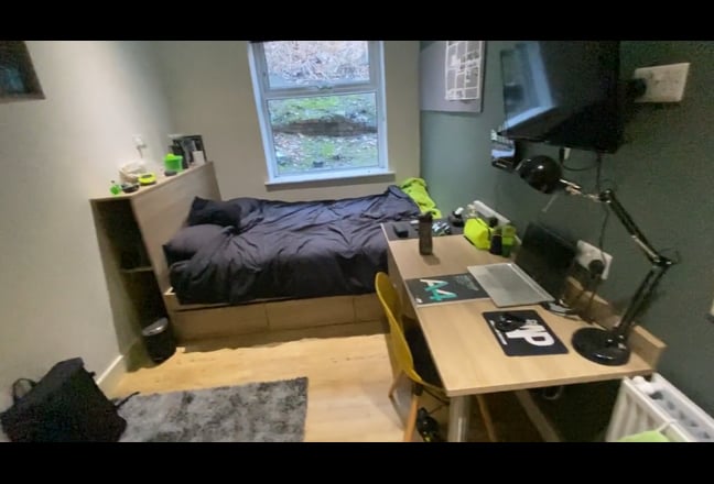 Video 1: The room with plush bed, TV, desk and chair.