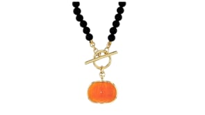 4mm Onyx Bead Toggle Necklace with Carnelian Pumpkin Charm in 18kt Gold Over Sterling