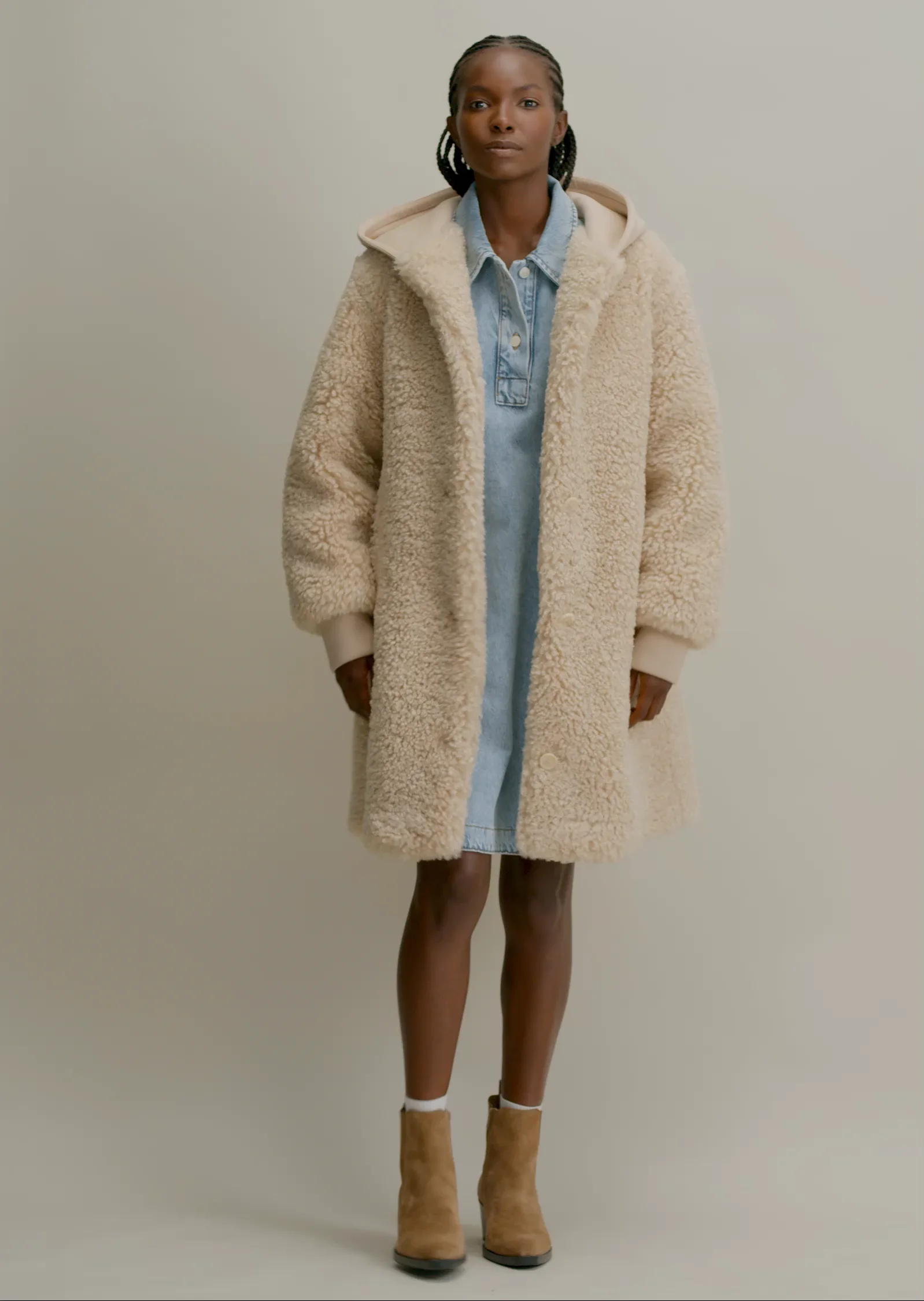Relaxed teddy coat with scuba jersey hood - white | Coats | MARC O