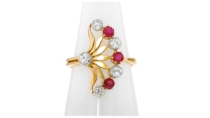 C. 1980 Vintage .45 ct. t.w. Diamond and .45 ct. t.w. Ruby Fan Ring in 18kt Yellow Gold