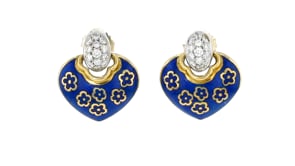 C. 1960 Vintage .50 ct. t.w. Diamond and Blue Enamel Drop Earrings in 18kt Yellow Gold