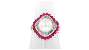 C. 1980 Vintage 8.8mm Cultured Pearl Ring with 1.20 ct. t.w. Rubies and .25 ct. t.w. Diamonds in 14kt Yellow Gold