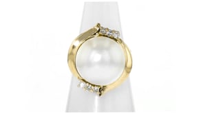 C. 1980 Vintage 14mm Cultured Pearl and .12 ct. t.w. Diamond Ring in 14kt Yellow Gold