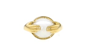C. 1980 Vintage Moonstone Hands Ring in 14kt Yellow Gold