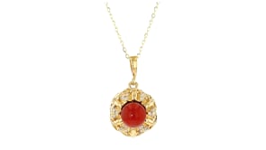 C. 1980 Vintage Red Coral Pendant Necklace with .30 ct. t.w. Diamonds in 18kt Yellow Gold