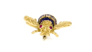 C. 1990 Vintage 18kt Yellow Gold Bumblebee Pin with Blue Enamel and Rubies