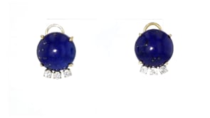C. 1970 Vintage Lapis and .60 ct. t.w. Diamond Earrings in 14kt Yellow Gold