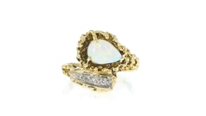 C. 1970 Vintage Opal and Diamond Bypass Ring in 14kt Yellow Gold