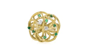 C. 1970 Vintage .30 ct. t.w. Emerald and .10 ct. t.w. Diamond Swirl Ring in 18kt Yellow Gold