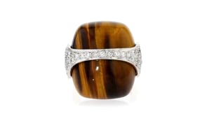 C. 1980 Vintage Tiger Eye and .75 ct. t.w. Diamond Ring in 14kt Two-Tone Gold