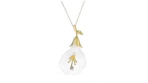 C. 1980 Vintage 15.00 Carat Rock Crystal Flower Pendant Necklace with Single Diamond in 14kt Yellow Gold