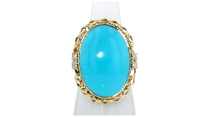 C. 1960 Vintage Turquoise and .15 ct. t.w. Diamond Cocktail Ring in 18kt Yellow Gold