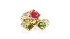 C. 1990 Vintage 2.80 ct. t.w. Multi-Gemstone and 1.65 ct. t.w. Diamond Bypass-Style Ring in 18kt Yellow Gold