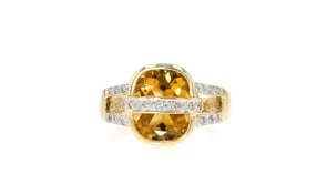 C. 1980 Vintage 3.65 Carat Citrine and .19 ct. t.w. Diamond Ring in 14kt Yellow Gold