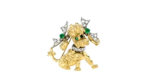 C. 1970 Vintage .30 ct. t.w. Diamond and .10 ct. t.w. Emerald Poodle Pin with Green Chalcedony in 14kt Yellow Gold