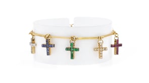 C. 1990 Vintage .98 ct. t.w. Multi-Gemstone and .56 ct. t.w. Diamond Cross Charm Bracelet in 18kt Yellow Gold