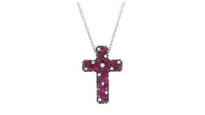 C. 1990 Vintage 1.30 ct. t.w. Ruby and .21 ct. t.w. Diamond Cross Necklace in 18kt White Gold