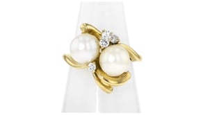 C. 1990 Vintage 7.5mm Cultured Pearl Ring with .20 ct. t.w. Diamonds in 14kt Yellow Gold