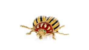 C. 1960 Vintage 14kt Yellow Gold Beetle Pin with Green Chalcedony and Multicolored Enamel