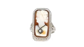 C. 1970 Vintage Brown Shell Cameo Locket Ring with Single Diamond in 14kt White Gold
