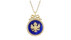 C. 1980 Vintage Lapis and 2.05 ct. t.w. Diamond Emblem Pendant Necklace with Single 3mm Cultured Pearl in 14kt Yellow Gold