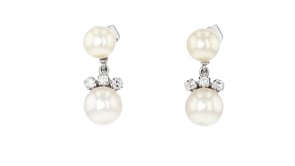 C. 1980 Vintage 7-8.5mm Cultured Pearl and .30 ct. t.w. Diamond Drop Earrings in 18kt White Gold