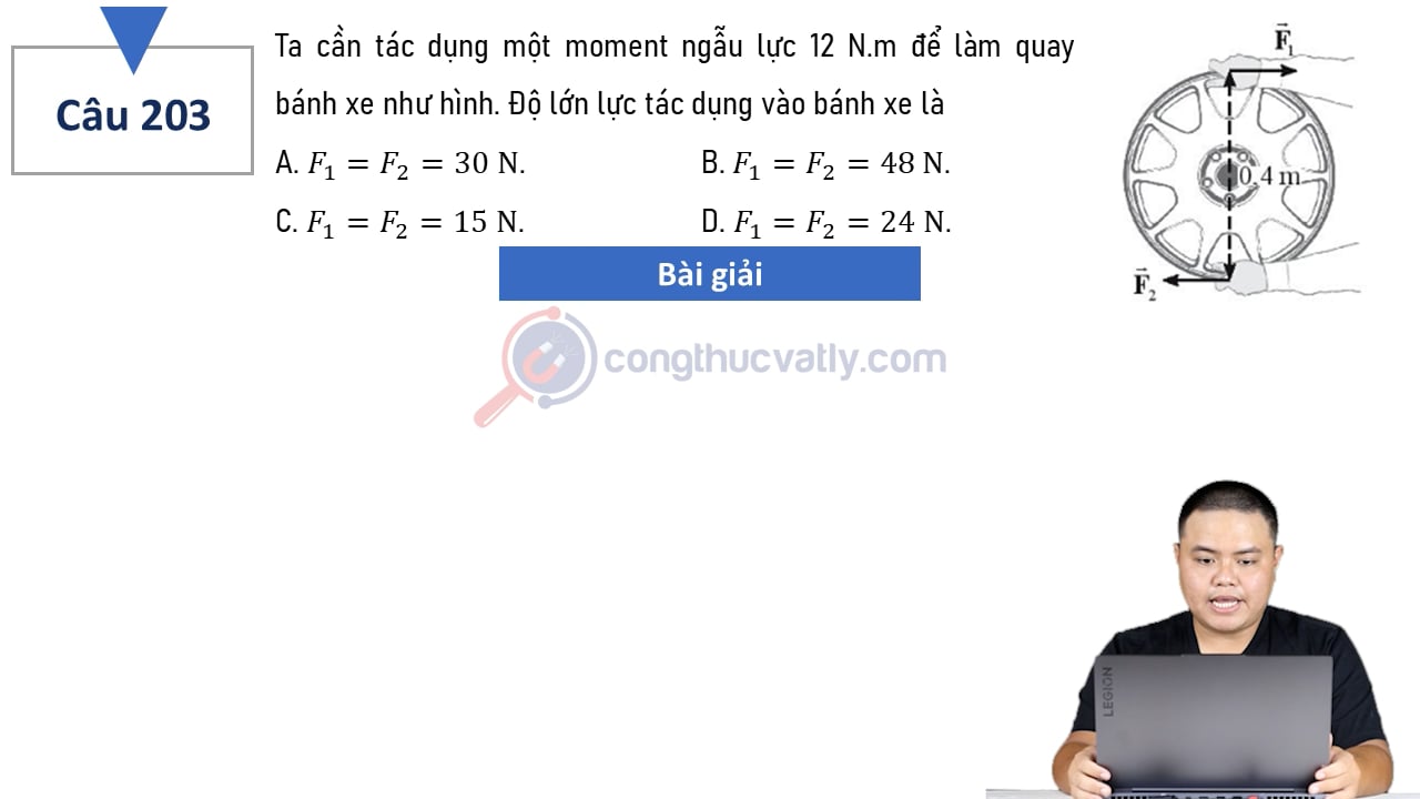 Ta cần tác dụng một moment ngẫu lực 12 N.m để làm quay bánh xe như hình.