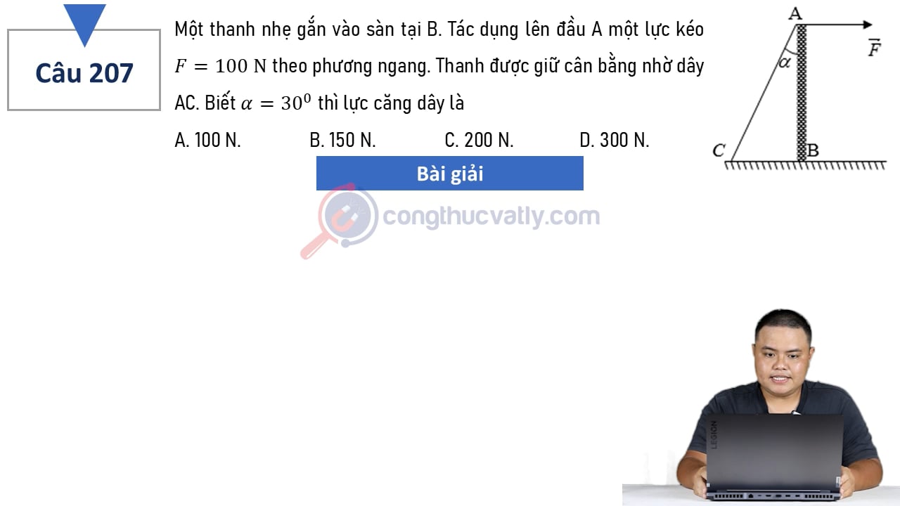 Một thanh nhẹ gắn vào sàn tại B. Tác dụng lên đầu A một lực kéo F = 100 N theo phương ngang.
