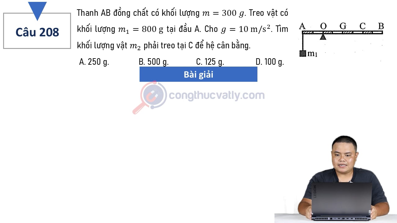 Thanh AB đồng chất có khối lượng m = 300 g. Treo vật có khối lượng m1 = 800 g tại đầu A.