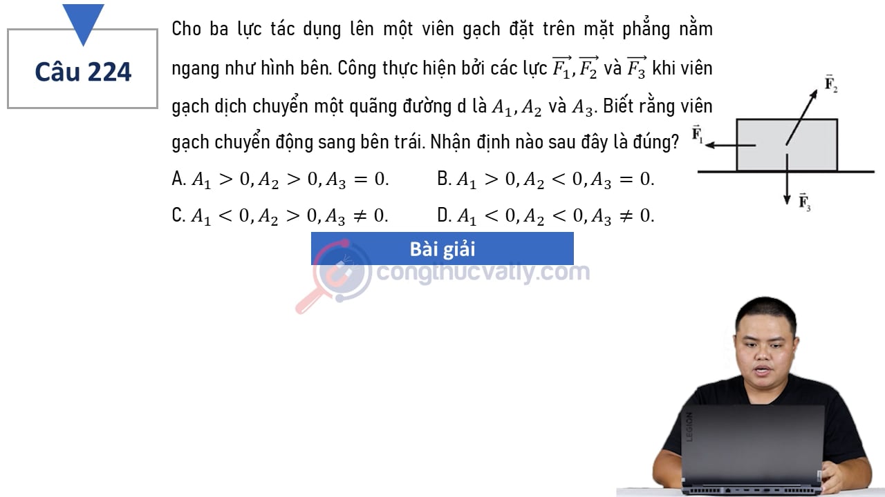 Cho ba lực tác dụng lên một viên gạch đặt trên mặt phẳng nằm ngang như hình bên.