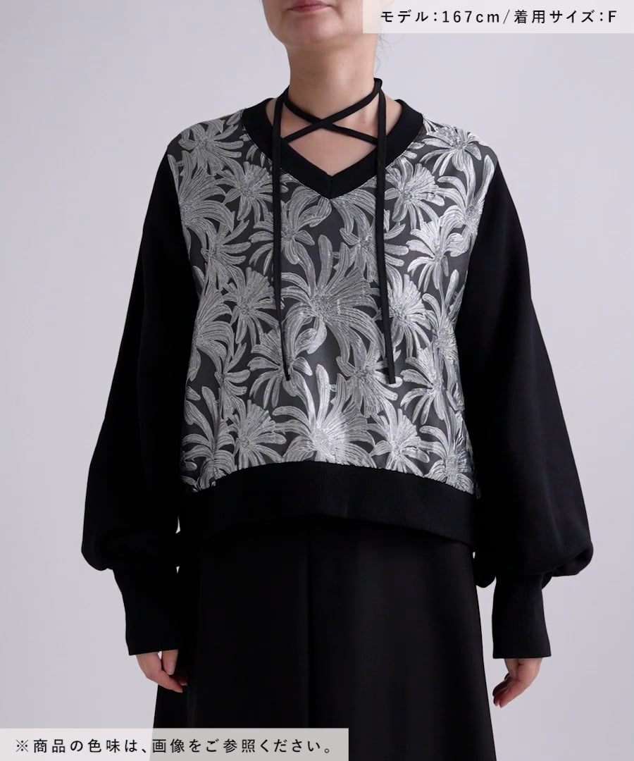 新色予約開始 LADIES】ストリングジャガードキリカエVネックトップス