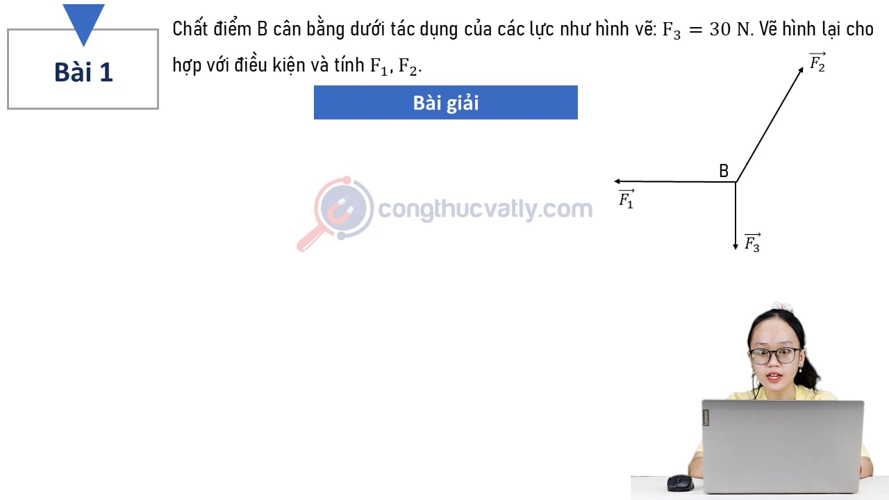 Chất điểm B cân bằng dưới tác dụng của các lực như hình vẽ: F3 = 3 N. Vẽ hình lại cho hợp với điều kiện và tính F1, F2.