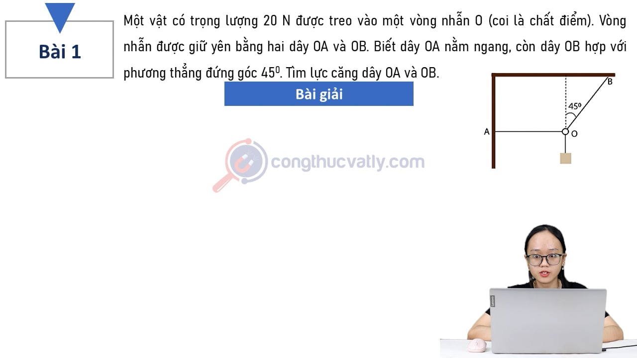 Một vật có trọng lượng 20 N được treo vào một vòng nhẫn O (coi là chất điểm). Tìm lực căng dây OA và OB.