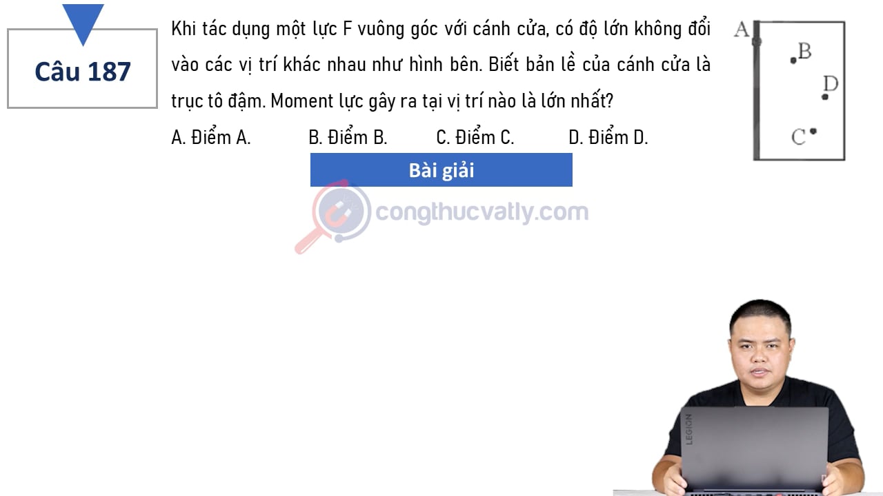 Khi tác dụng một lực F vuông góc với cánh cửa, có độ lớn không đổi vào các vị trí khác nhau như hình bên. Moment lực gây ra tại vị trí nào là lớn nhất?