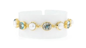 7.5-8mm Cultured Pearl, Gray Jasper and 7.00 ct. t.w. Sky Blue Topaz Bracelet in 18kt Gold Over Sterling