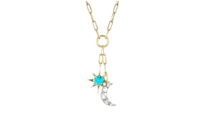Turquoise and .30 ct. t.w. White Topaz Celestial Paper Clip Link Drop Necklace in 18kt Gold Over Sterling