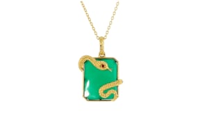 Green Chalcedony Snake Pendant Necklace with Single Garnet in 18kt Gold Over Sterling