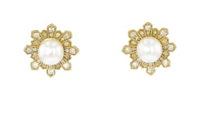 5.5-6mm Cultured Pearl and .35 ct. t.w. Diamond Earrings in 18kt Gold Over Sterling