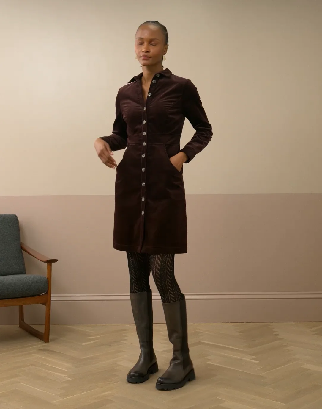 Organic Corduroy Shirt Dress in Chocolate | Brora Clearance
