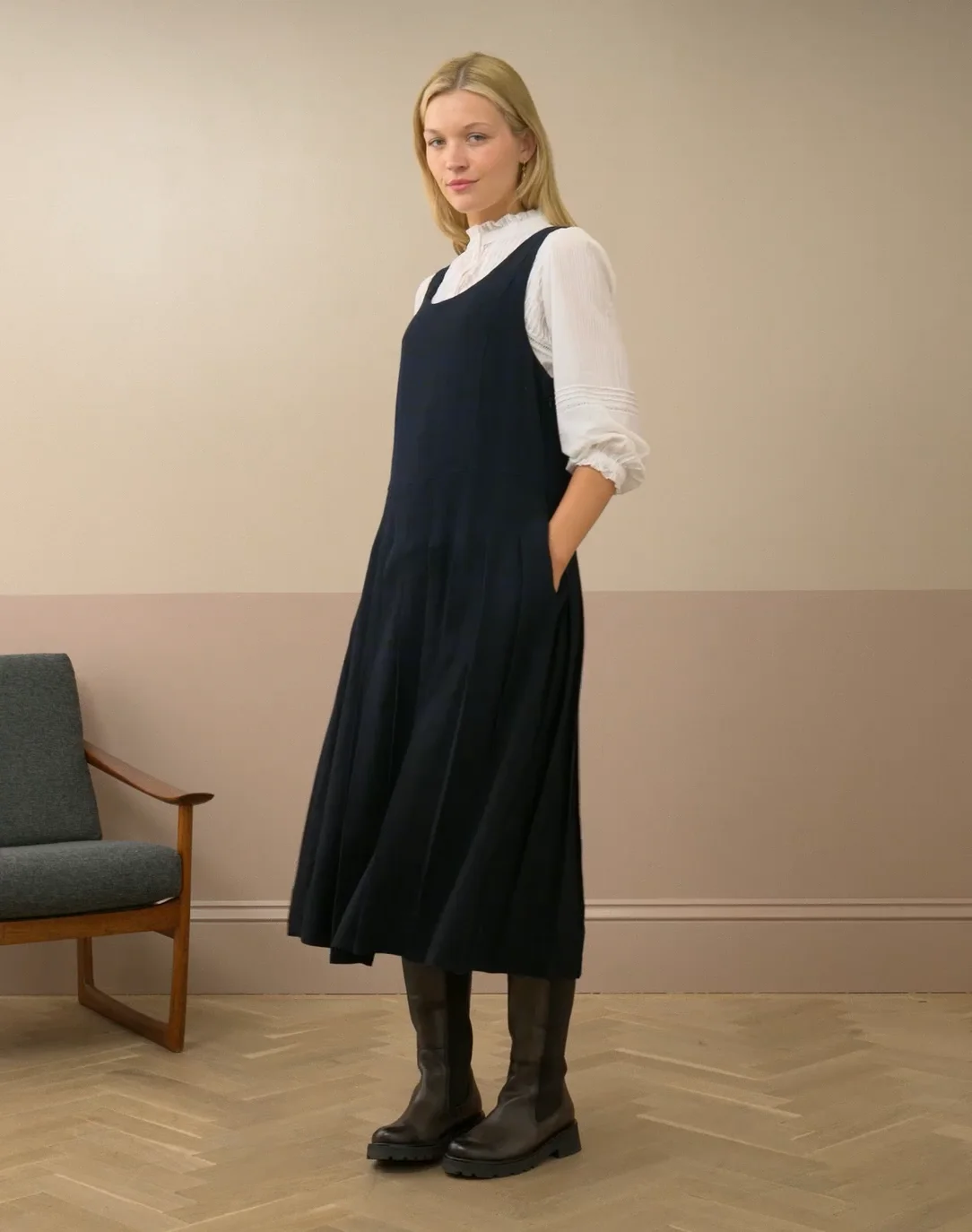 Check Pleated Pinafore in Navy & Black | Brora Clearance