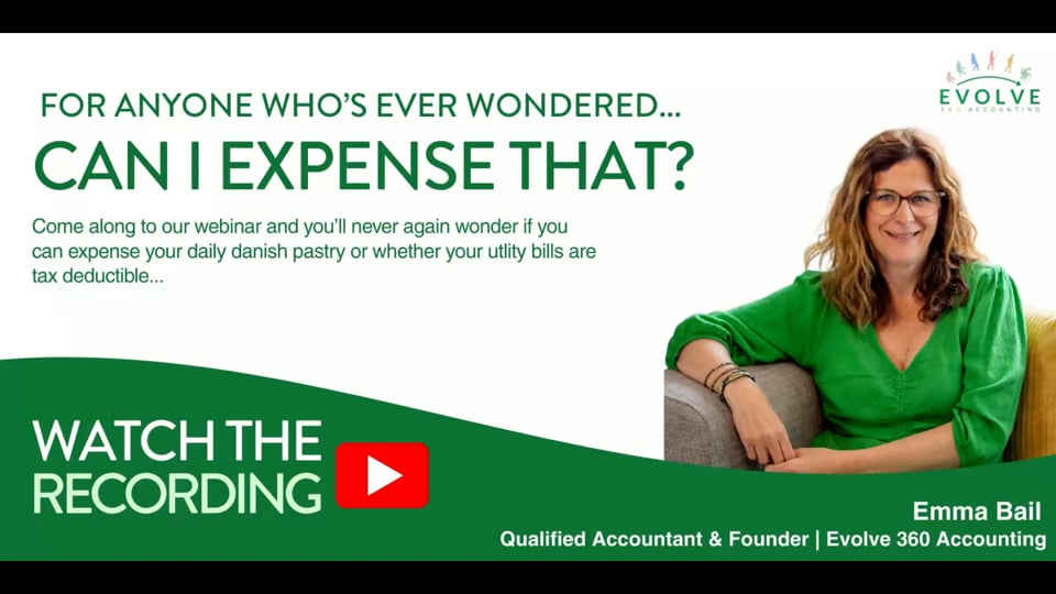 watch the recording of the webinar 'what expenses can I claim' with Emma Bail pictured in a green top, smiling as she's seated on a grey sofa. 