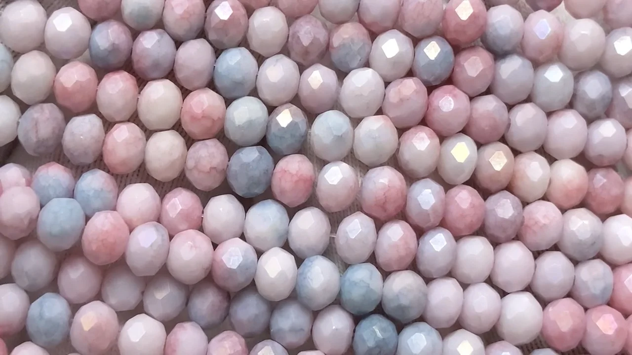 ガラスビーズ ボタンカット4×4×3.5mm ブルー×ピンクAB 1連｜天然石