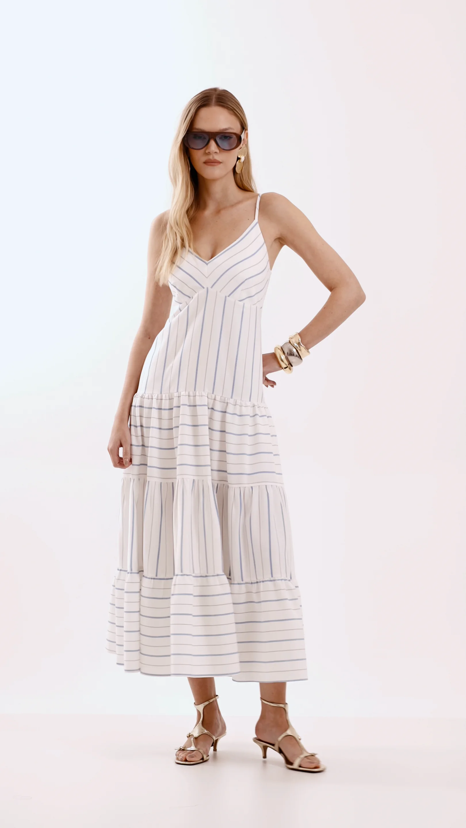 Vestido Midi Estampa Listras Alças e Decote Lizzie - Talita Kume