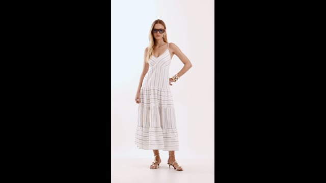 Vestido Midi Estampa Listras Alças e Decote Lizzie