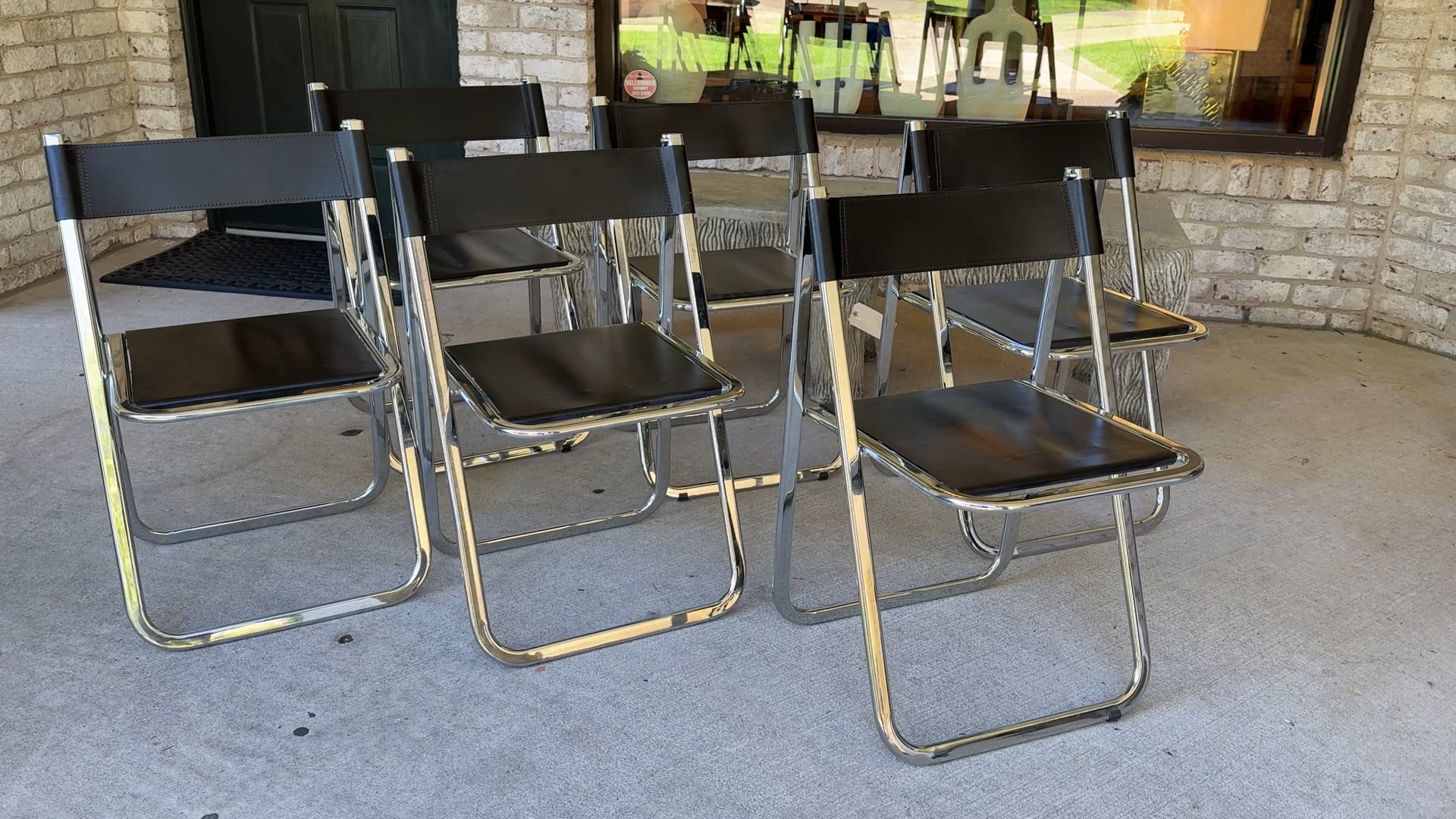 Set of Six (6) Arrben Italy Black Leather Folding Chairs For Sale