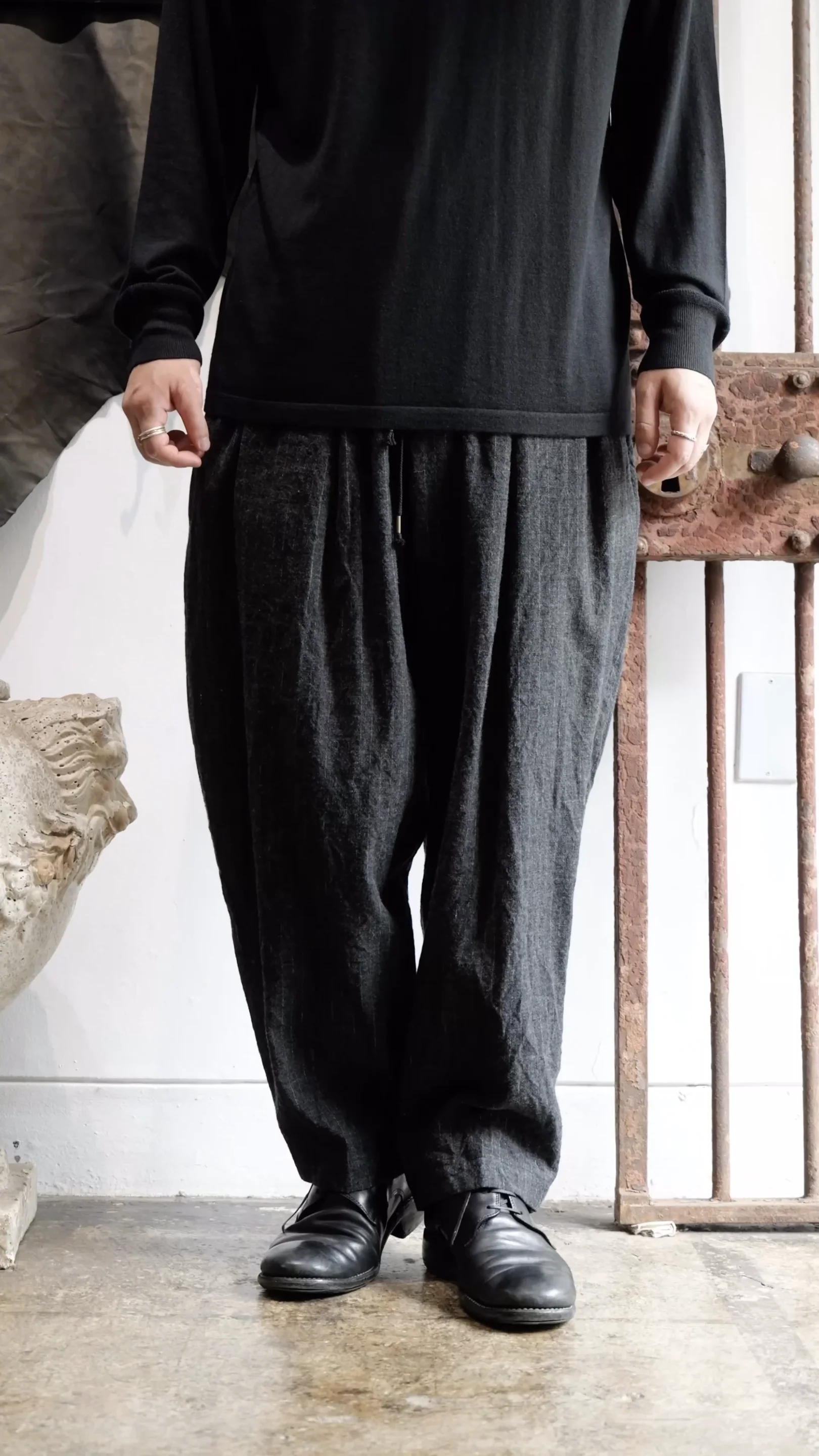 PANTS030. Double Pleated Easy Tapered Stripe Flannel. Gray Stripe