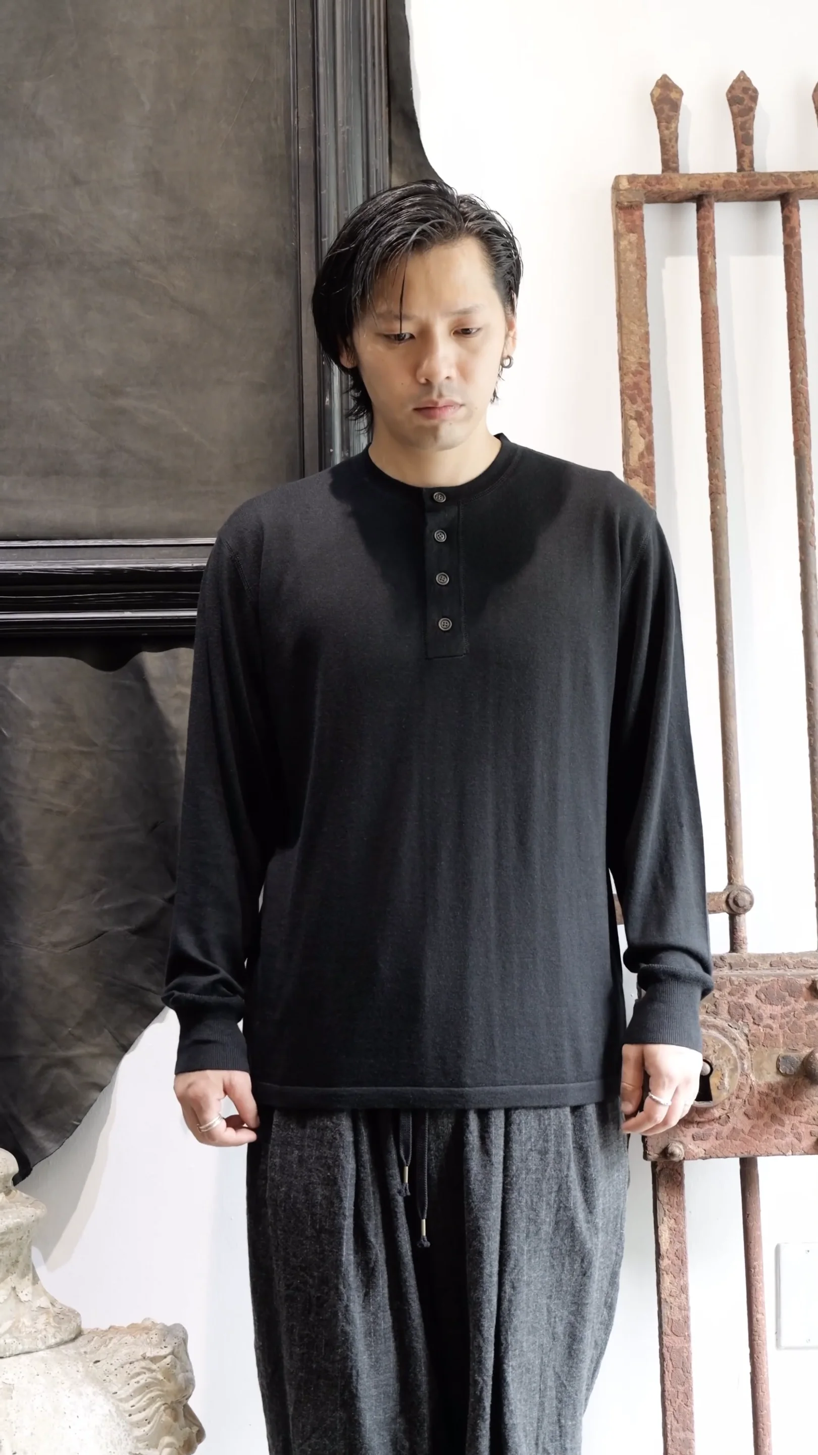 KNIT009. Henley Neck Long Sleeve T-Shirt High Gauge 3/60 Cashmere 