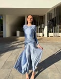 Video: Metallic blue midi dress with draped and cape skirt
