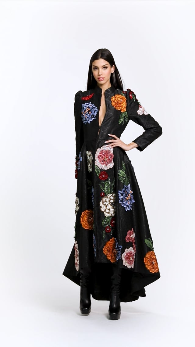 RENATA EMBELLISHED MAXI COAT in BLACK/MULTI | ALICE + OLIVIA