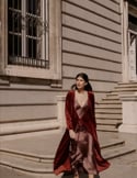 Video: Brown velvet midi coat with crossover neckline